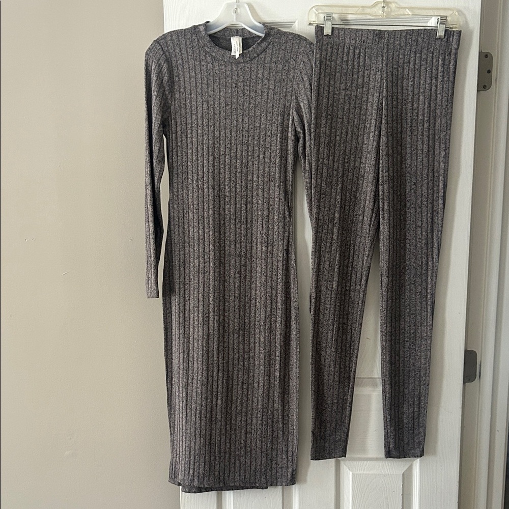 Gray Ribbed Knit Dress and Leggings Set